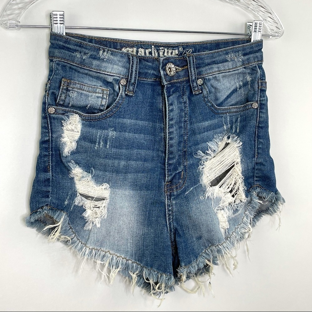 Machine Denim Medium Blue Distressed High Waist Shorts Sz S - Picture 2 of 6